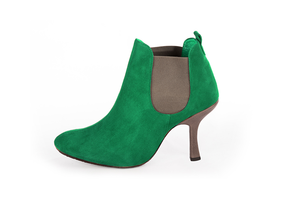Emerald green and taupe brown women's ankle boots, with elastics. Round toe. High spool heels. Profile view - Florence KOOIJMAN
